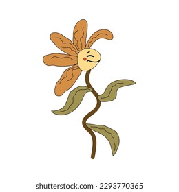 Dancing daisy flower is on white background. Funny character. Retro and groovy vibes. Vector illustration.