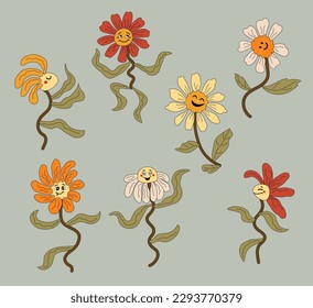 Dancing daisy flowers. Funny characters. Retro and groovy vibes. Vector illustrations set.