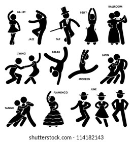 Dancing Dancer Ballet Jazz Tap Belly Ballroom Swing Break Modern Latin Tango Flamenco Line Stick Figure Pictogram Icon