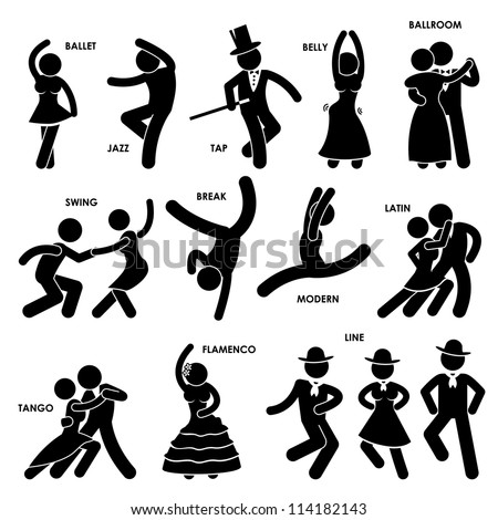 Dancing Dancer Ballet Jazz Tap Belly Ballroom Swing Break Modern Latin Tango Flamenco Line Stick Figure Pictogram Icon