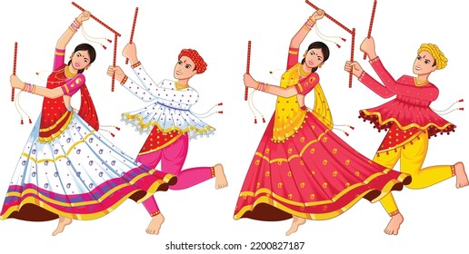 Bailando pareja Dandiya en Navratri, Feliz Durga Puja y Dussehra