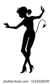 Dancing demonic lady silhouette. Pretty female character for Helloween party. Vector cut template.