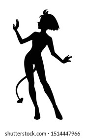 Dancing demonic lady silhouette. Pretty female character for Helloween party. Vector cut template.