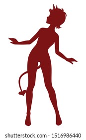 Dancing demonic lady silhouette. Pretty female character for Helloween party. Vector cut template.