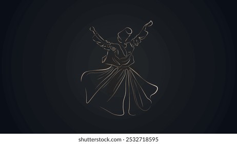 Dançando dervish figura ilustração vetor. Desenho de vetor de dervixe giratório (Semazen). Dança religiosa sufi. linha de ouro arte e fundo escuro