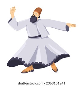 Dancing dervish performance, isolated turkish culture and traditions. Man wearing hat and clothes, making swirling movement. Performer for audience, entertainment and show. Vector in flat style