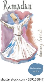 Dancing dervish watercolor, Ramadan, vector.