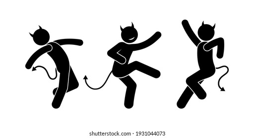 dancing devils illustration, stick figure dancers isolated icons, funny comic images of demons