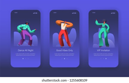 Dancing Disco Characters Mobile App Onboard Screen Page Set. Happy Man and Woman have Fun. Music Club Dancer Concept for Website or Web Page. Flat Cartoon Vector Illustration