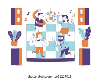 Dancing with disco lights, Music playing with classic dance music. Party with friends doodle illustration.