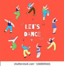 Dancing Disco Man Woman Make Circle with Lettering Lets Dance. Nightclub Party Disco Marathon Music Festival Vector Illustration Red Copy Space. Action-Oriented Promo Motivate Advertising Flat Banner