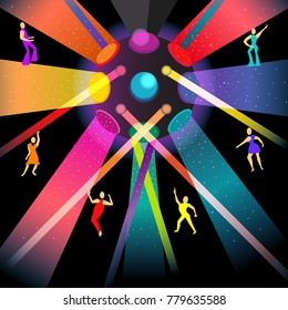 dancing disco in night party,cartoon style vector illustration, 1970 s movement poses