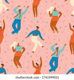 Dancing disco party illustration in vector. Funny cartoon characters dancing together seamless pattern.