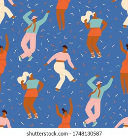 Dancing disco party illustration in vector. Funny cartoon characters dancing on dance pole together seamless pattern.