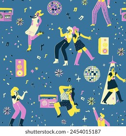 Dancing disco party seamless pattern, karaoke night repeat. People are having fun, singing, vibing, and rolling. Party ball, music speakers, confetti, spotlight background for fabric, wrapping paper.