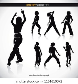 Dancing disco people. Elegant group of young detailed silhouettes of girls. Vector illustration for print or background