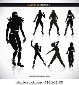 Dancing disco people. Elegant group of young detailed silhouettes of girls. Vector illustration for print or background