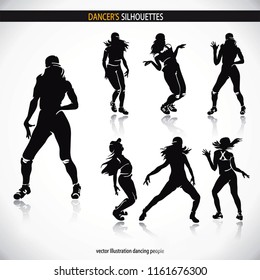 Dancing disco people. Elegant group of young detailed silhouettes of girls. Vector illustration for print
