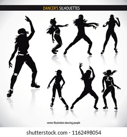 Dancing disco people. Elegant group of young detailed silhouettes of girls. Vector illustration for print