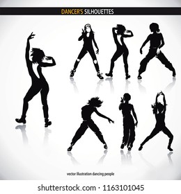 Dancing disco people. Elegant group of young detailed silhouettes of girls. Vector illustration for print