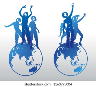 Dancing disco people. Elegant group of young detailed silhouettes of girls. Vector illustration for print