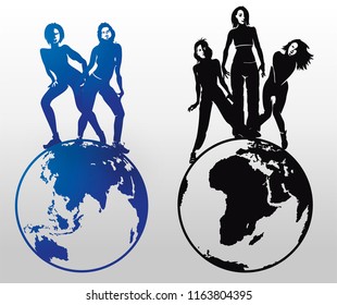 Dancing disco people. Elegant group of young detailed silhouettes of girls. Vector illustration for print