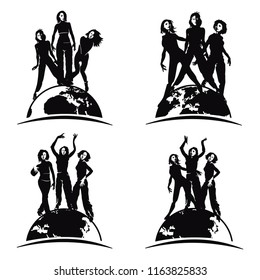 Dancing disco people. Elegant group of young detailed silhouettes of girls. Vector illustration for print