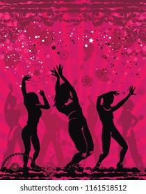 Dancing disco people. Elegant template with group of young detailed silhouettes of girls. Vector illustration for print or background