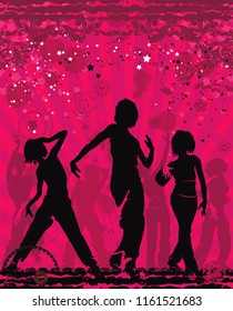 Dancing disco people. Elegant template with group of young detailed silhouettes of girls. Vector illustration for print or background