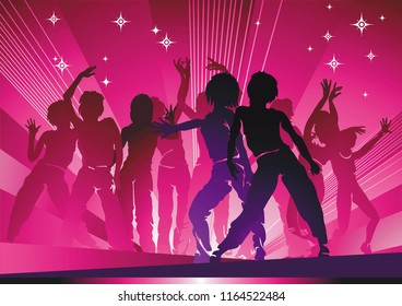Dancing disco people. Elegant template with group of young detailed silhouettes of girls. Vector illustration for print or background