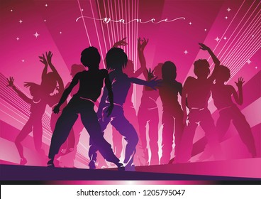 Dancing disco people. Elegant template with group of young detailed silhouettes of girls. Vector illustration for print or background