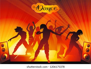 Dancing disco people. Elegant template with group of young detailed silhouettes of girls. Vector illustration for print or background