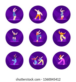 Dancing Disco People under Lights in Separate Circles Happy Clubbing Single Man Woman Couple Different Nationalities on Dance Floor Flat in Vector Style Set Nightlife DJ Party Music Event Illustration