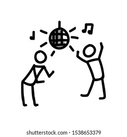 Dancing disco stick figure vector illustration. Hand drawn ux design nightclub stickman for journal clipart. 