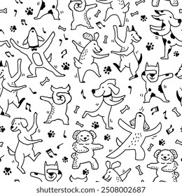 Dancing dogs seamless black and white pattern