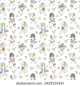 Dancing dogs seamless pattern. Various canine breeds: Poodle, Dachshund, Akita, Husky, Pug, French Bulldog, Greyhound, Whippet