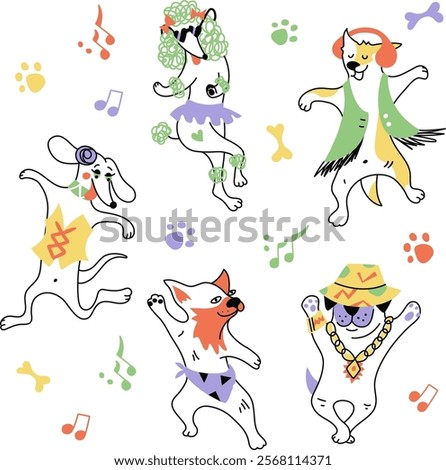Dancing dogs set illustration: Poodle, Dachshund, Akita, Husky, Pug, French Bulldog, Greyhound, Whippet. Editable stroke