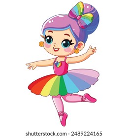 Dancing doll with rainbow dress and bow cute baby girl illustration