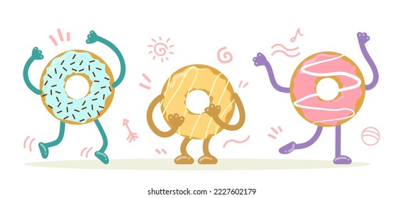 Dancing donuts vector set. Cartoon illustrations of moving, jumping and dancing colorful donuts isolated on white background. Food, bakery concept