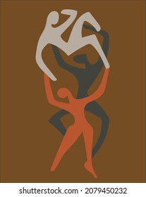 Bailando al sueño. Ilustración abstracta de tres siluetas humanas. Acrobacias de baile. Colores de tierra. Solución vectorial.