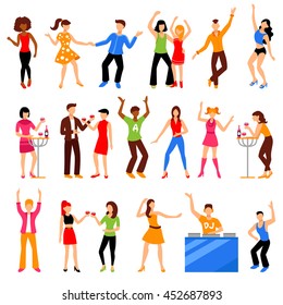  Dancing and drinking people at disco party icons set flat isolated vector illustration 