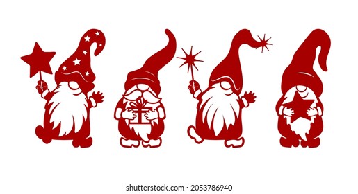 Dancing dwarfs stencils. Gnome with a gift, with a star and a gnome with a magic wand. Winter decorations. Objects for cutting