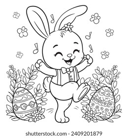 Dancing Easter bunny with decorative eggs, flower, star black and white line drawing. EASTER SUNDAY SPECIAL