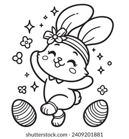 Dancing Easter bunny with decorative eggs, flower, star black and white line drawing. EASTER SUNDAY SPECIAL