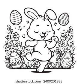 Dancing Easter bunny with decorative eggs, flower, star black and white line drawing. EASTER SUNDAY SPECIAL