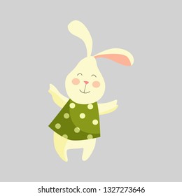 Dancing Easter bunny. Rabbit, cute character, green clothes. Easter concept. Vector illustration can be used for topics like celebration, spring holidays, party invitation