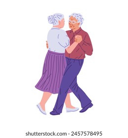 Dancing elderly couple. Flat vector illustration depicting joyful elderly people enjoying dance, expressing love and leisure in their golden years. Flat style on isolated background.