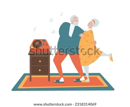 Dancing elderly people. A couple in love who dance at home. Elderly people who enjoy relationship. Flat hand drawn vector illustration.