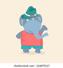 Dancing elephant in stylish modern clothes on beige background. 