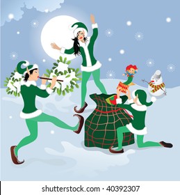 dancing elf with Christmas gifts